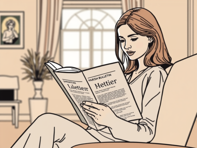 show-a-woman-sitting-and-reading-a-parish-bulletin-headed