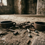 Rusty iron shackles connected by a chain with a key next to them on a dusty floor
