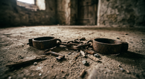 Rusty iron shackles connected by a chain with a key next to them on a dusty floor