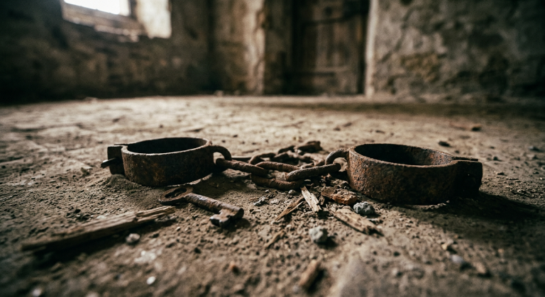 Rusty iron shackles connected by a chain with a key next to them on a dusty floor
