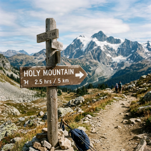 Wooden signpost showing directions and distances to Holy Mountain and trailhead in mountainous landscape