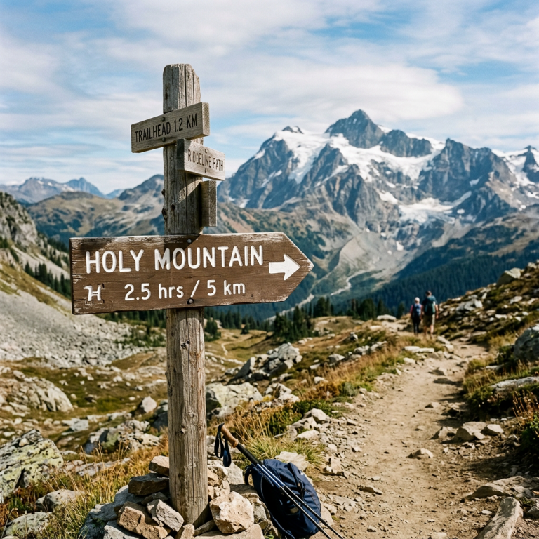 Wooden signpost showing directions and distances to Holy Mountain and trailhead in mountainous landscape