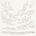 Line drawing of clouds, birds flying, and distant hills