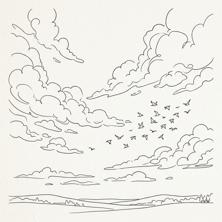 Line drawing of clouds, birds flying, and distant hills