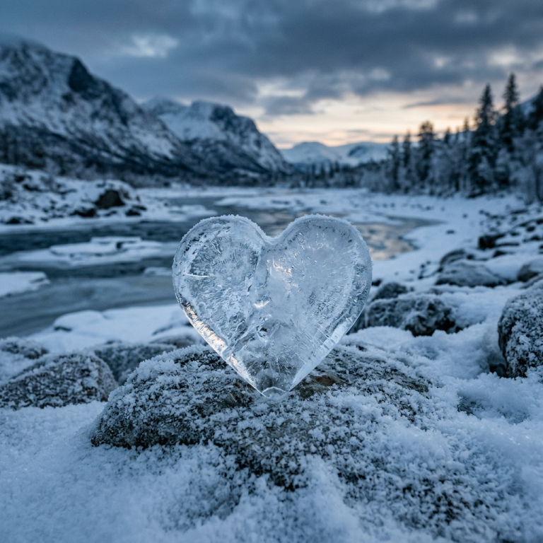 Heart-shaped piece of ice on snowy rocks next to a frozen river in a mountainous landscape