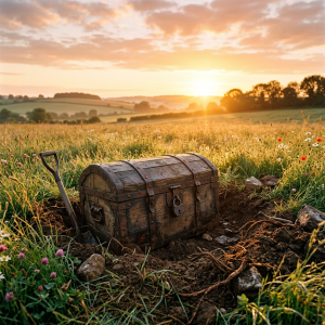 Old wooden treasure chest with metal bands partially buried in grassy field at sunset