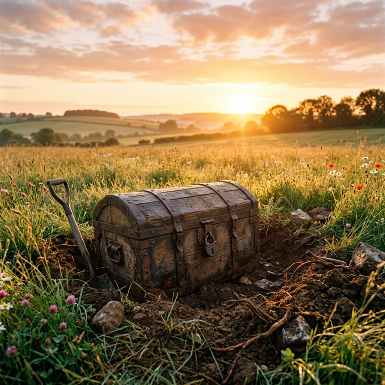 Old wooden treasure chest with metal bands partially buried in grassy field at sunset